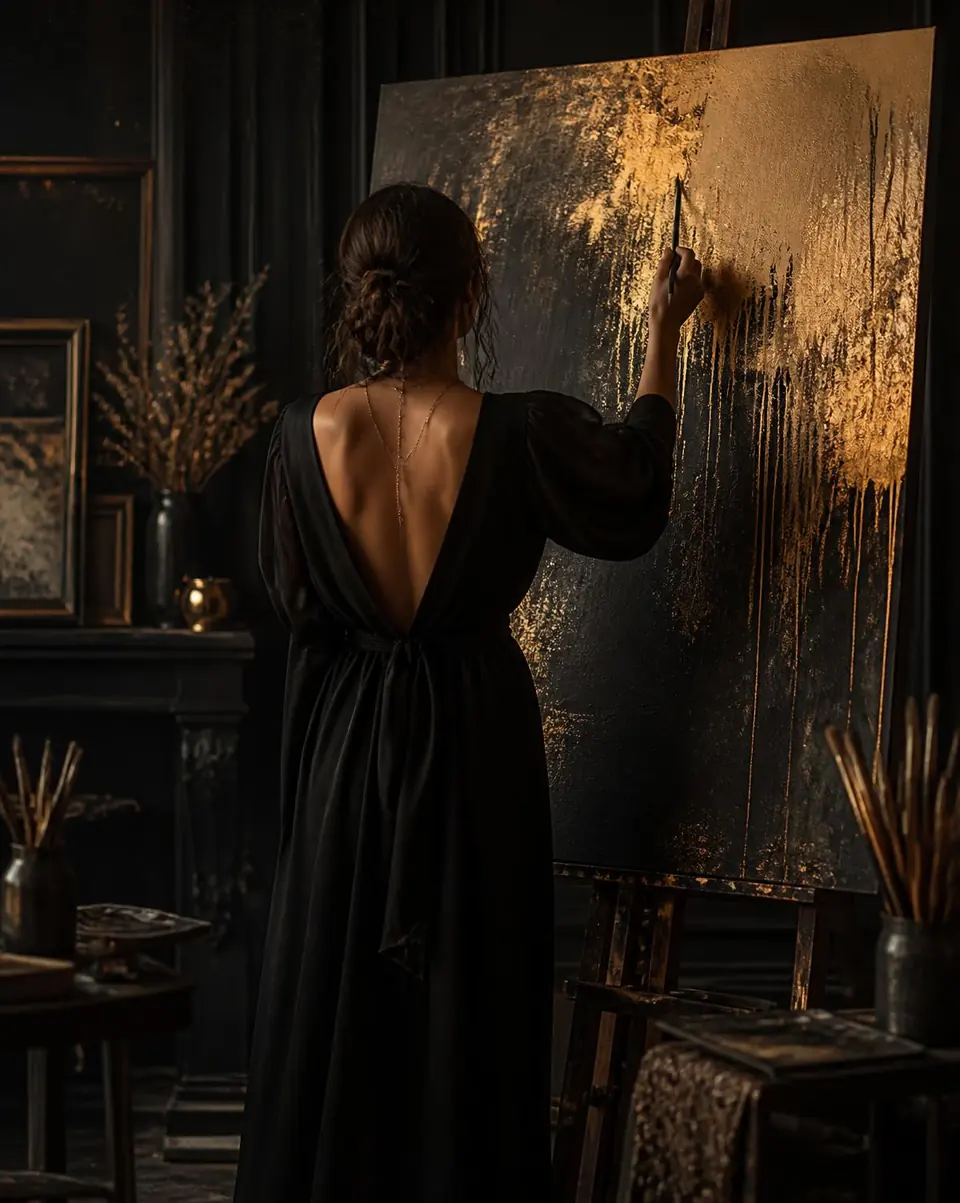Kama Balluchi working on an original artwork in her studio
