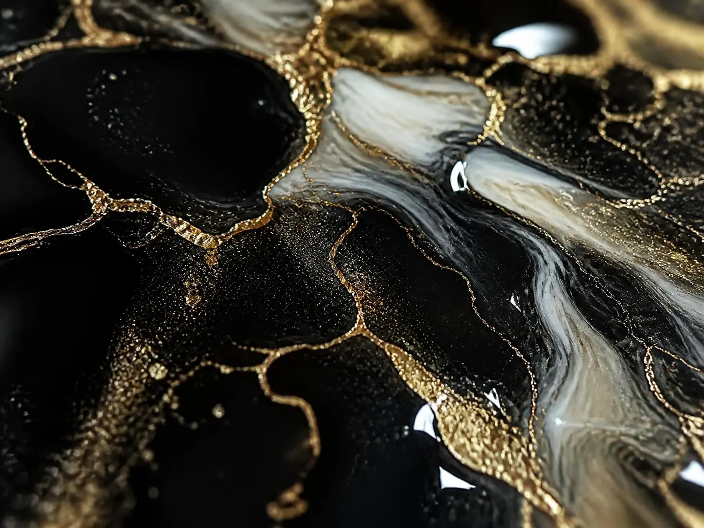 Close detail of a Kama Balluchi resin artwork in black and champagne gold